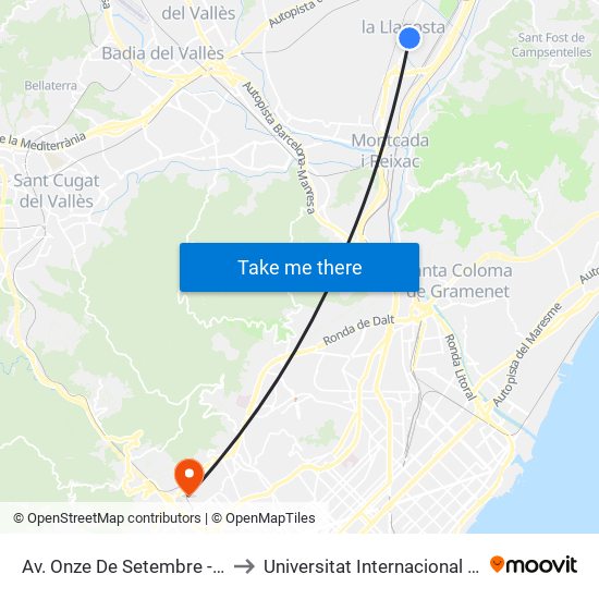 Av. Onze De Setembre - Ajuntament to Universitat Internacional De Catalunya map