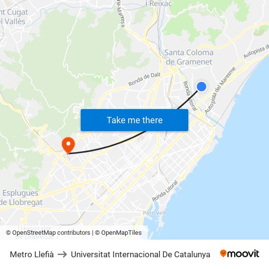 Metro Llefià to Universitat Internacional De Catalunya map