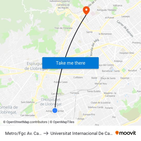 Metro/Fgc Av. Carrilet to Universitat Internacional De Catalunya map