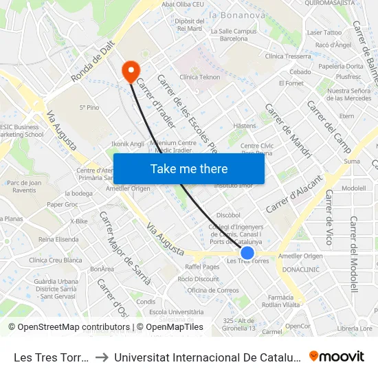 Les Tres Torres to Universitat Internacional De Catalunya map