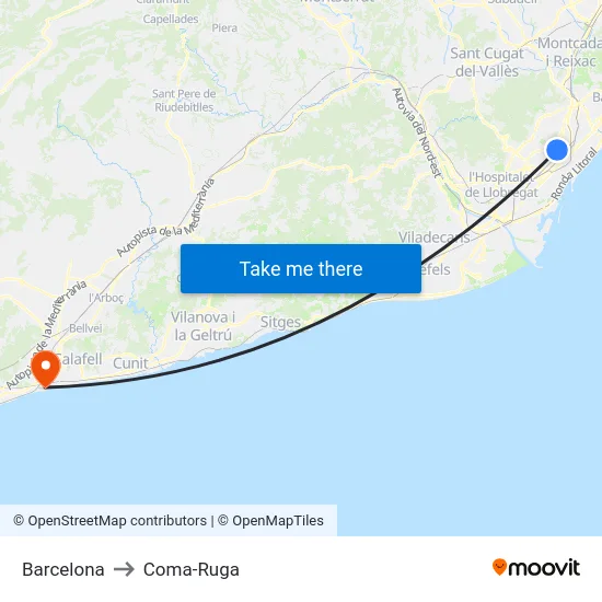 Barcelona to Coma-Ruga map