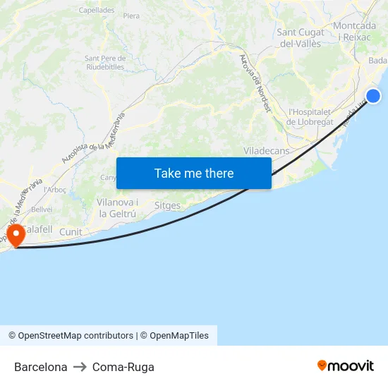 Barcelona to Coma-Ruga map