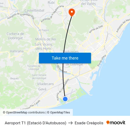 Aeroport T1 (Estació D'Autobusos) to Esade Creàpolis map