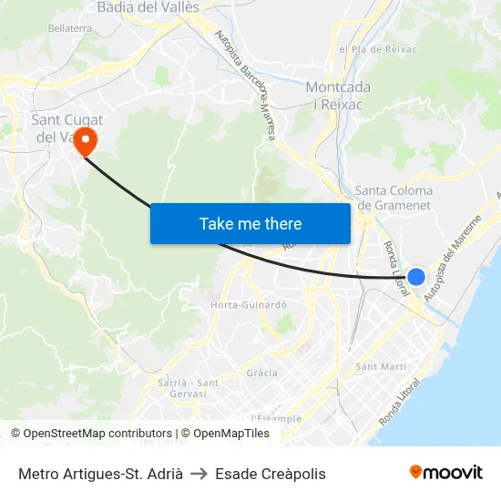 Metro Artigues-St. Adrià to Esade Creàpolis map