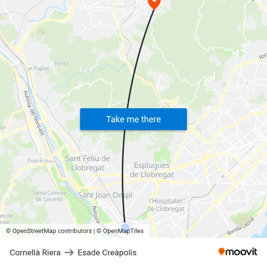 Cornellà Riera to Esade Creàpolis map