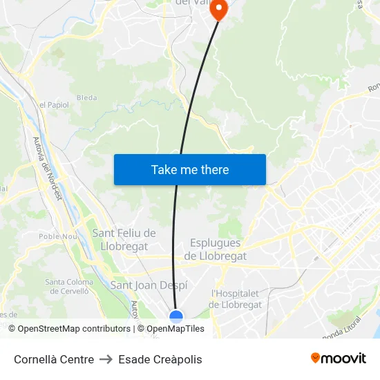 Cornellà Centre to Esade Creàpolis map