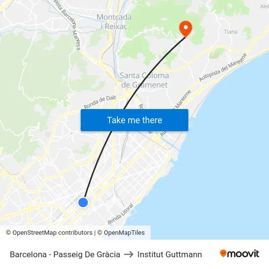 Barcelona - Passeig De Gràcia to Institut Guttmann map