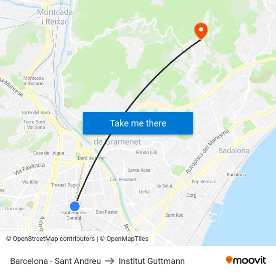 Barcelona - Sant Andreu to Institut Guttmann map