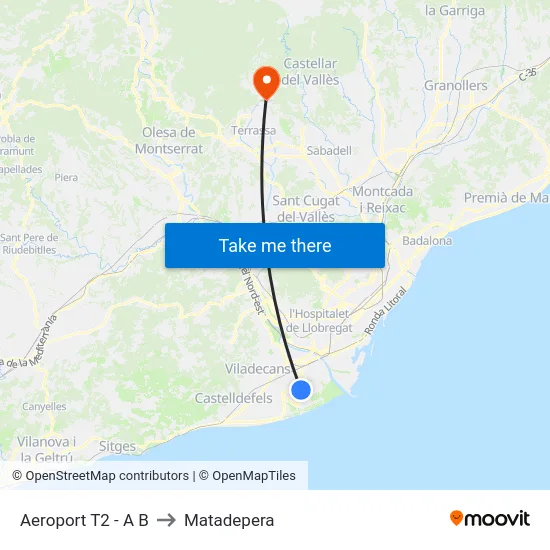 Aeroport T2 - A B to Matadepera map