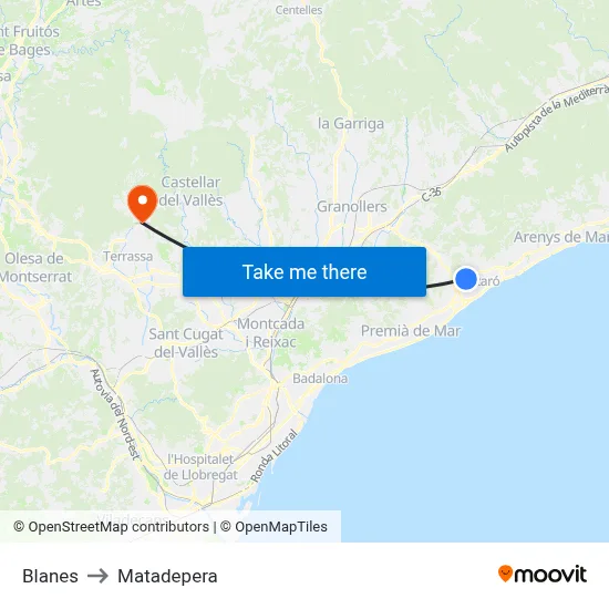 Blanes to Matadepera map