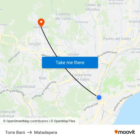 Torre Baró to Matadepera map