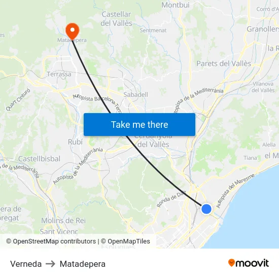 Verneda to Matadepera map