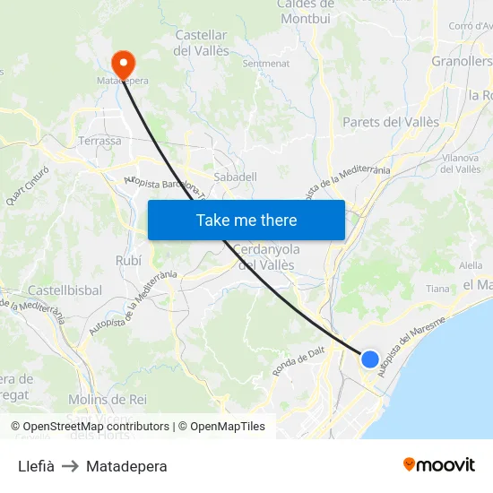 Llefià to Matadepera map