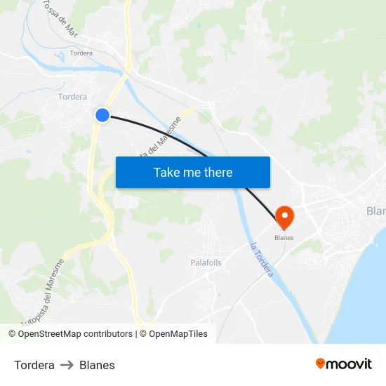 Tordera to Blanes map
