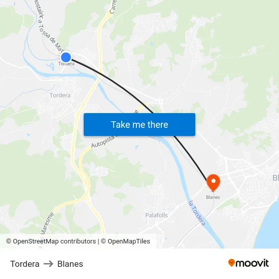 Tordera to Blanes map