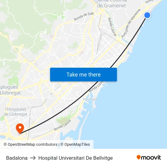 Badalona to Hospital Universitari De Bellvitge map