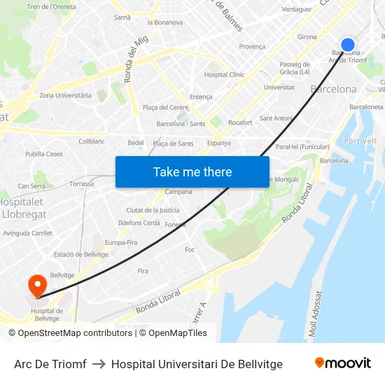 Arc De Triomf to Hospital Universitari De Bellvitge map