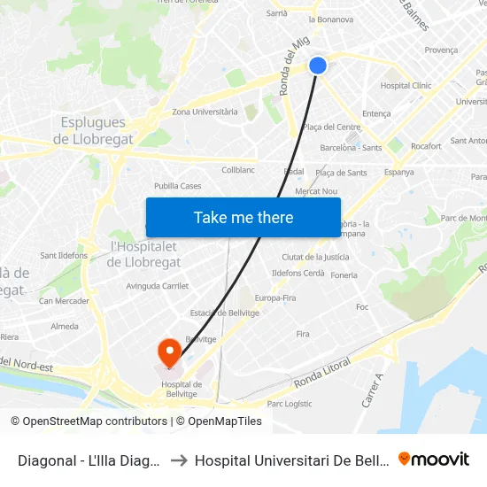 Diagonal - L'Illa Diagonal to Hospital Universitari De Bellvitge map
