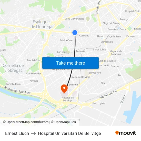 Ernest Lluch to Hospital Universitari De Bellvitge map
