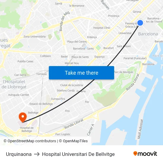 Urquinaona to Hospital Universitari De Bellvitge map