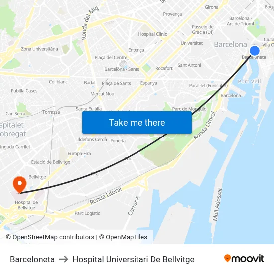 Barceloneta to Hospital Universitari De Bellvitge map