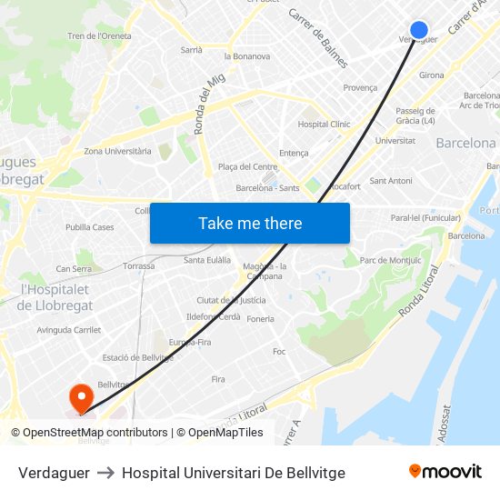 Verdaguer to Hospital Universitari De Bellvitge map