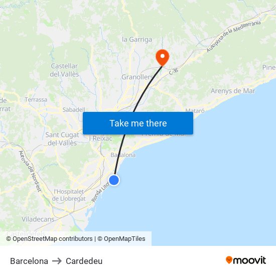 Barcelona to Cardedeu map