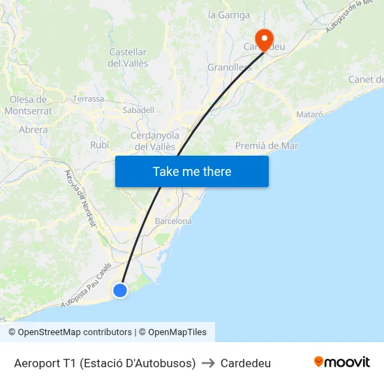 Aeroport T1 (Estació D'Autobusos) to Cardedeu map