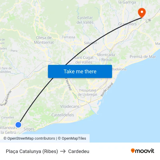 Plaça Catalunya (Ribes) to Cardedeu map