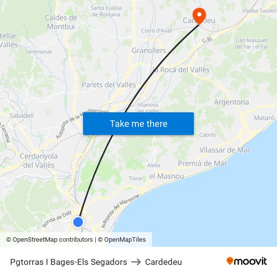 Pgtorras I Bages-Els Segadors to Cardedeu map