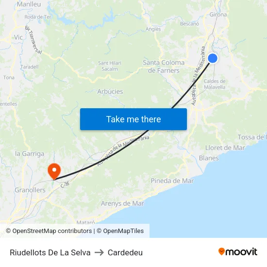 Riudellots De La Selva to Cardedeu map
