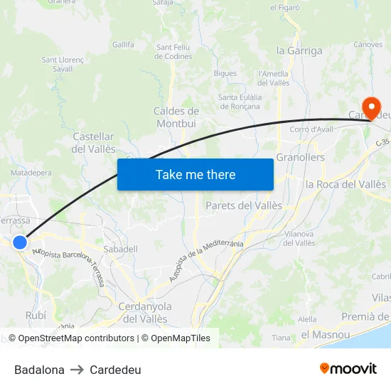 Badalona to Cardedeu map