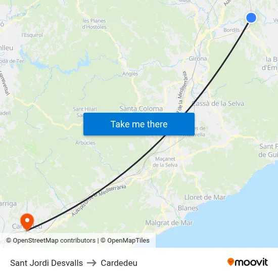Sant Jordi Desvalls to Cardedeu map