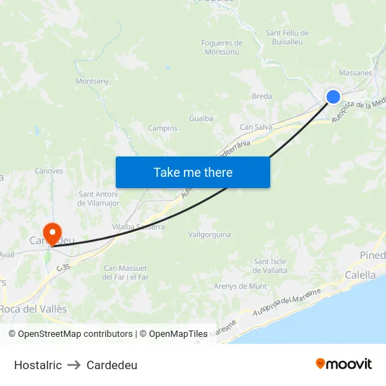Hostalric to Cardedeu map