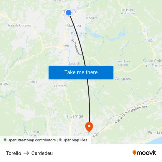 Torelló to Cardedeu map