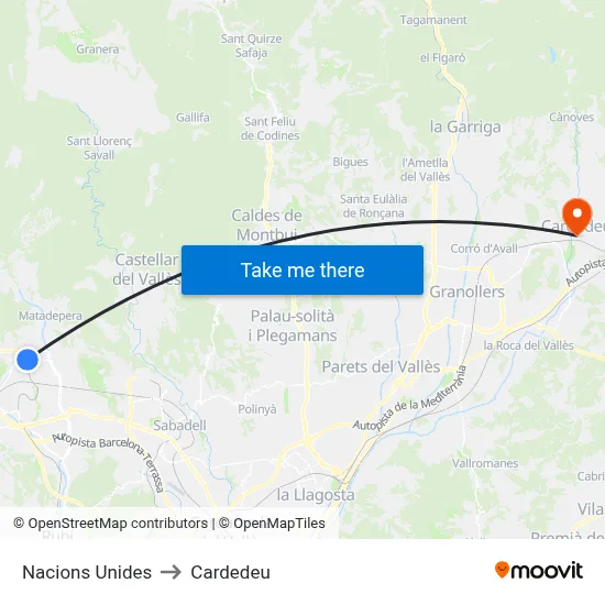 Nacions Unides to Cardedeu map