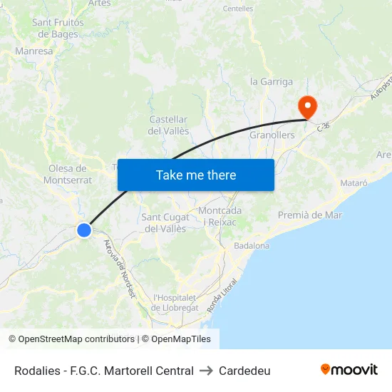 Rodalies - F.G.C. Martorell Central to Cardedeu map