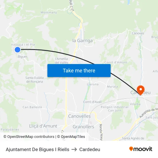 Ajuntament De Bigues I Riells to Cardedeu map
