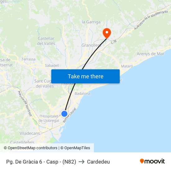 Pg. De Gràcia 6 - Casp - (N82) to Cardedeu map