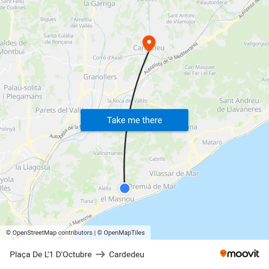 Plaça De L'1 D'Octubre to Cardedeu map