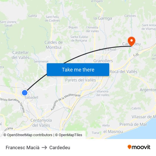 Francesc Macià to Cardedeu map