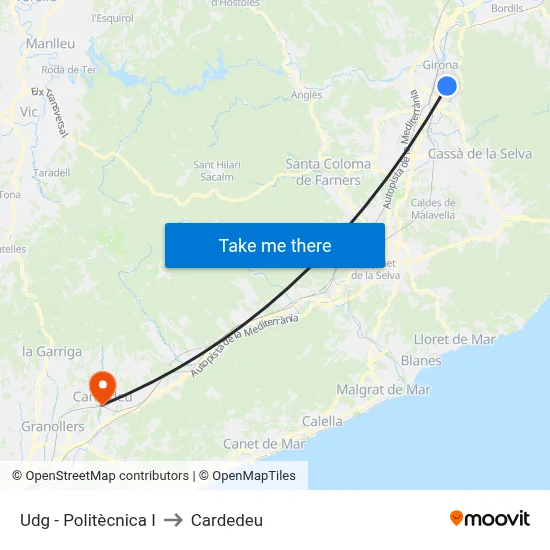 Udg - Politècnica I to Cardedeu map