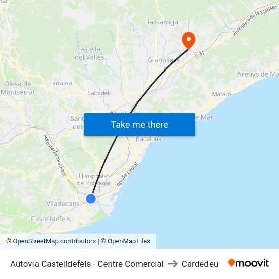 Autovia Castelldefels - Centre Comercial to Cardedeu map