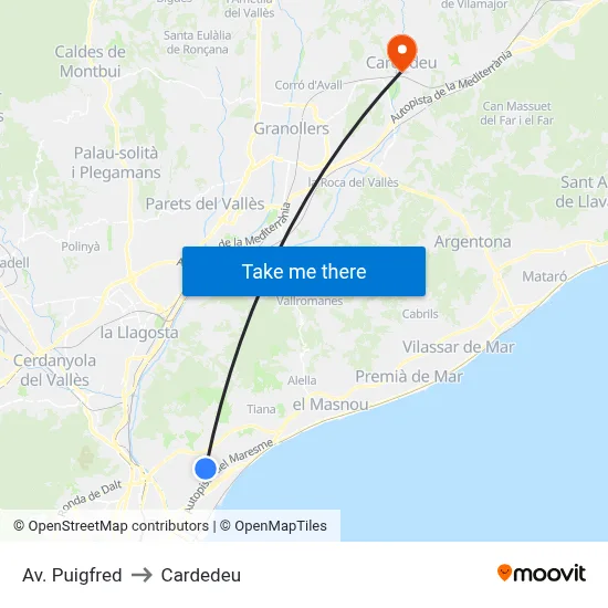 Av. Puigfred to Cardedeu map