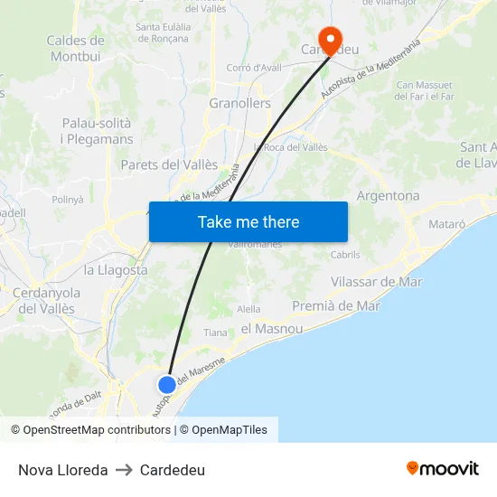Nova Lloreda to Cardedeu map
