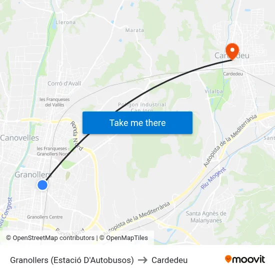 Granollers (Estació D'Autobusos) to Cardedeu map