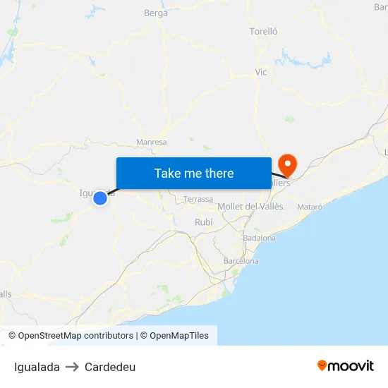 Igualada to Cardedeu map