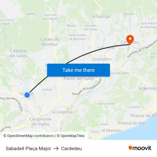 Sabadell Plaça Major to Cardedeu map