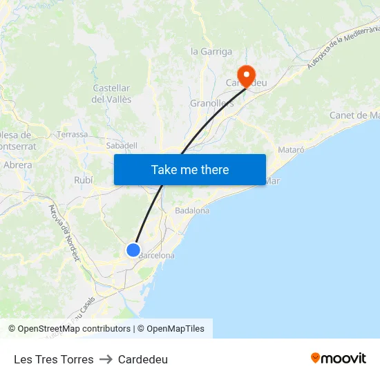 Les Tres Torres to Cardedeu map