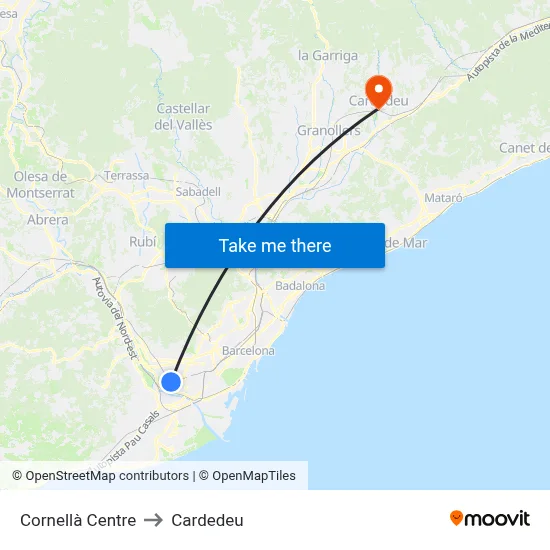 Cornellà Centre to Cardedeu map